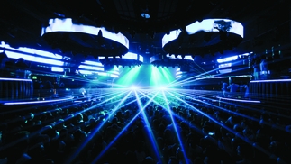 A picture of Hï Ibiza, with blue lights and silver lasers