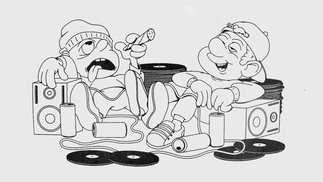 Illustrated image of two people sitting on sofas laughing surrounded by vinyl