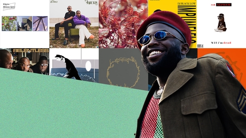 Photo of Akanbi smiling and wearing a dark green jacket, red beret, sunglasses and a red and green string vest. He's standing on the right in front of a selection of 10 pieces of album artwork chosen for this feature.