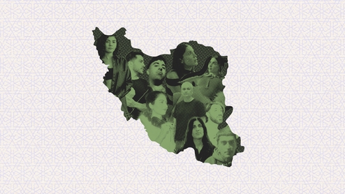 Graphic featuring the photos of AIDA + Nesa, PEGAH, Doci, Ronisa + Milli, Paramida, Sepehr, and Maral within a green outline of Iran