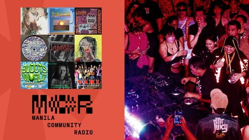 Selection of artworks chosen as part of the Manila Community Radio Broadcast Lab DJs selections feature on a red background above the MCR logo and next to a photo of a club shot