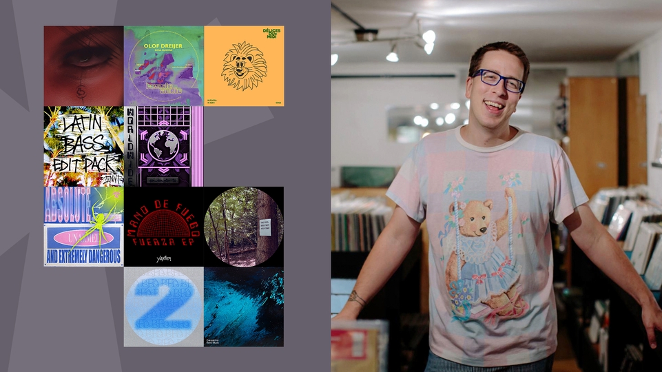 Press shot of CHrissy on the right. He's smiling in a record store wearing a pink and light blue patterned t-shirt with a teddy bear on it. Next to him, is a selection of artwork from his Selections
