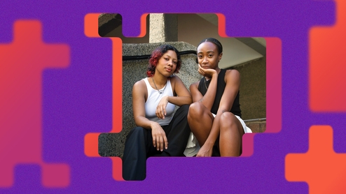 Photo of Black Artist Database's Tanya Akinola and Niks sitting on a flight of stairs outdoors. The photo is on an abstract purple and orange background in the same style as the 'Synergy' album artwork