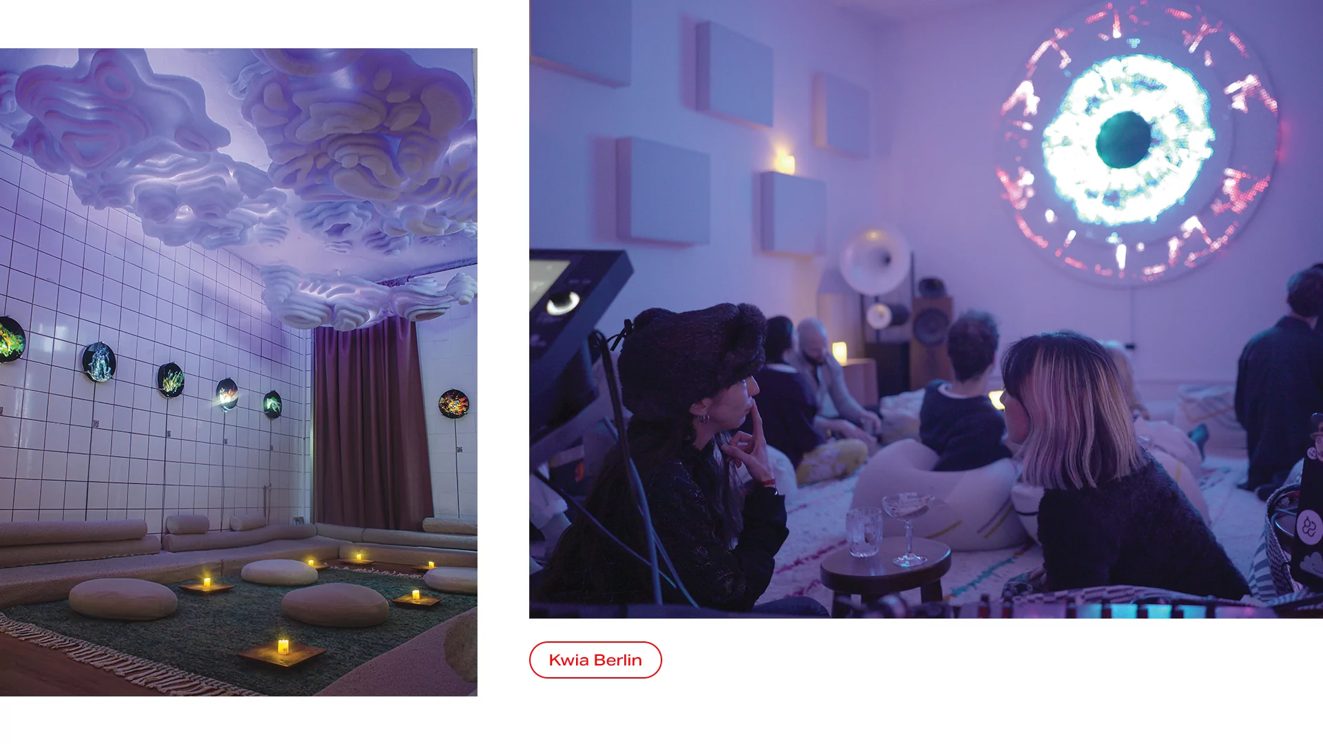 Two photos of the purple-lit rooms in Kwia on a white background with red writing